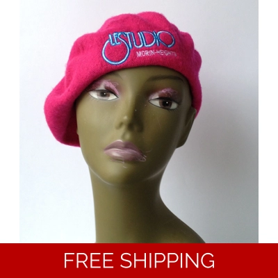 Wool Hot Pink French Beret White & Blue Embroid Logo M/H